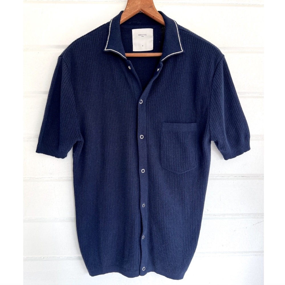 PERCIVAL Pablo Cuban Knit Short Sleeved Shirt - Navy - S
